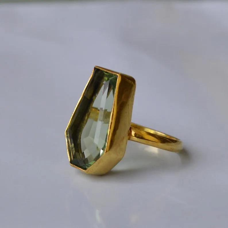 Green Prasiolite Quartz Gemstone Coffin Shape 925 Sterling Silver Ring Jewelry, Handmade Ring Jewelry, Prasiolite Quartz, Nickel Free