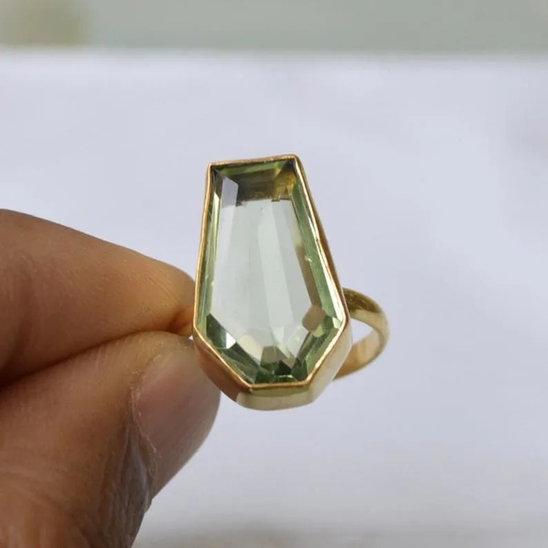 Green Prasiolite Quartz Gemstone Coffin Shape 925 Sterling Silver Ring Jewelry, Handmade Ring Jewelry, Prasiolite Quartz, Nickel Free