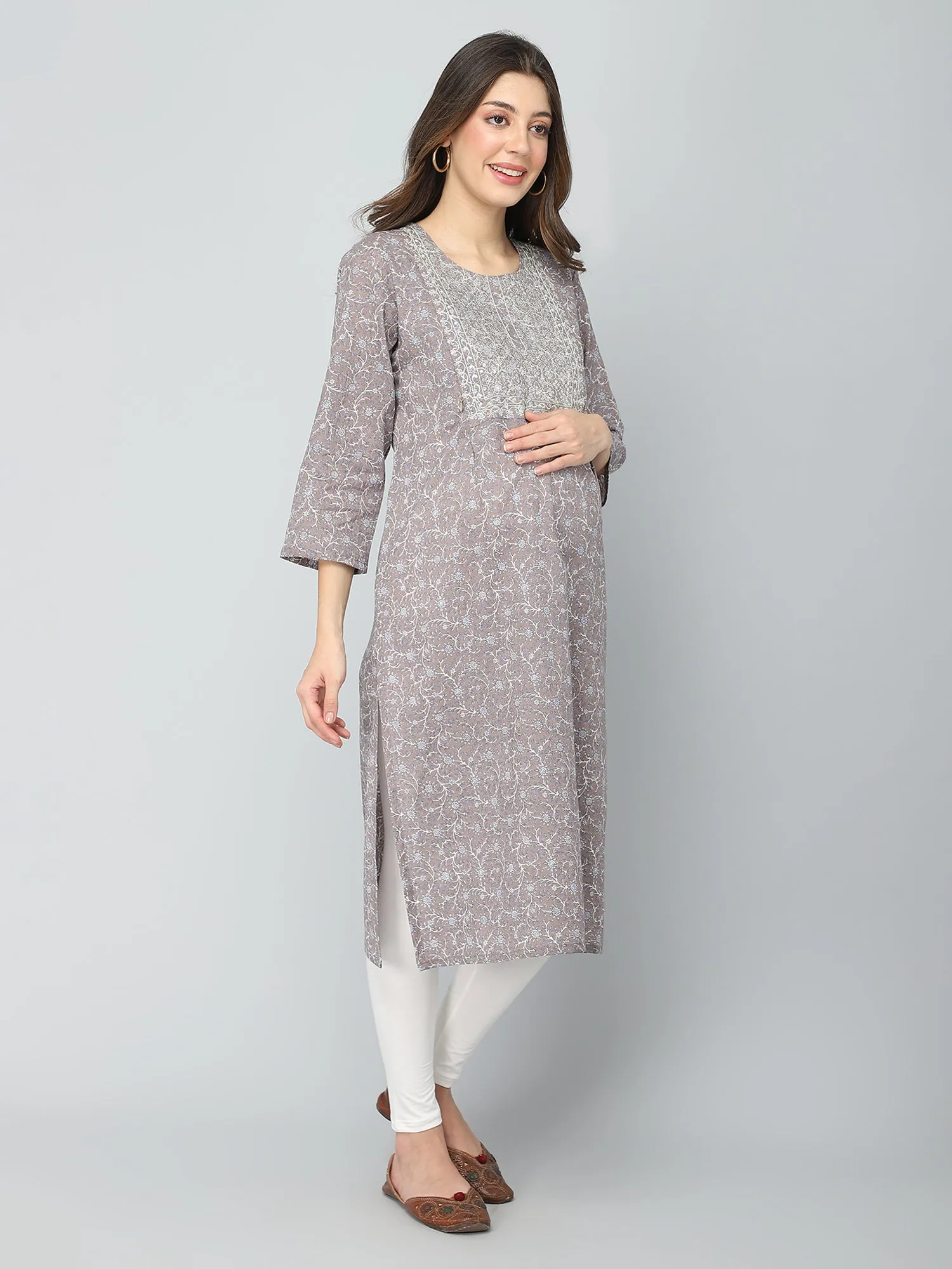 Grey and White Embroidery & Sequins Maternity Kurtis