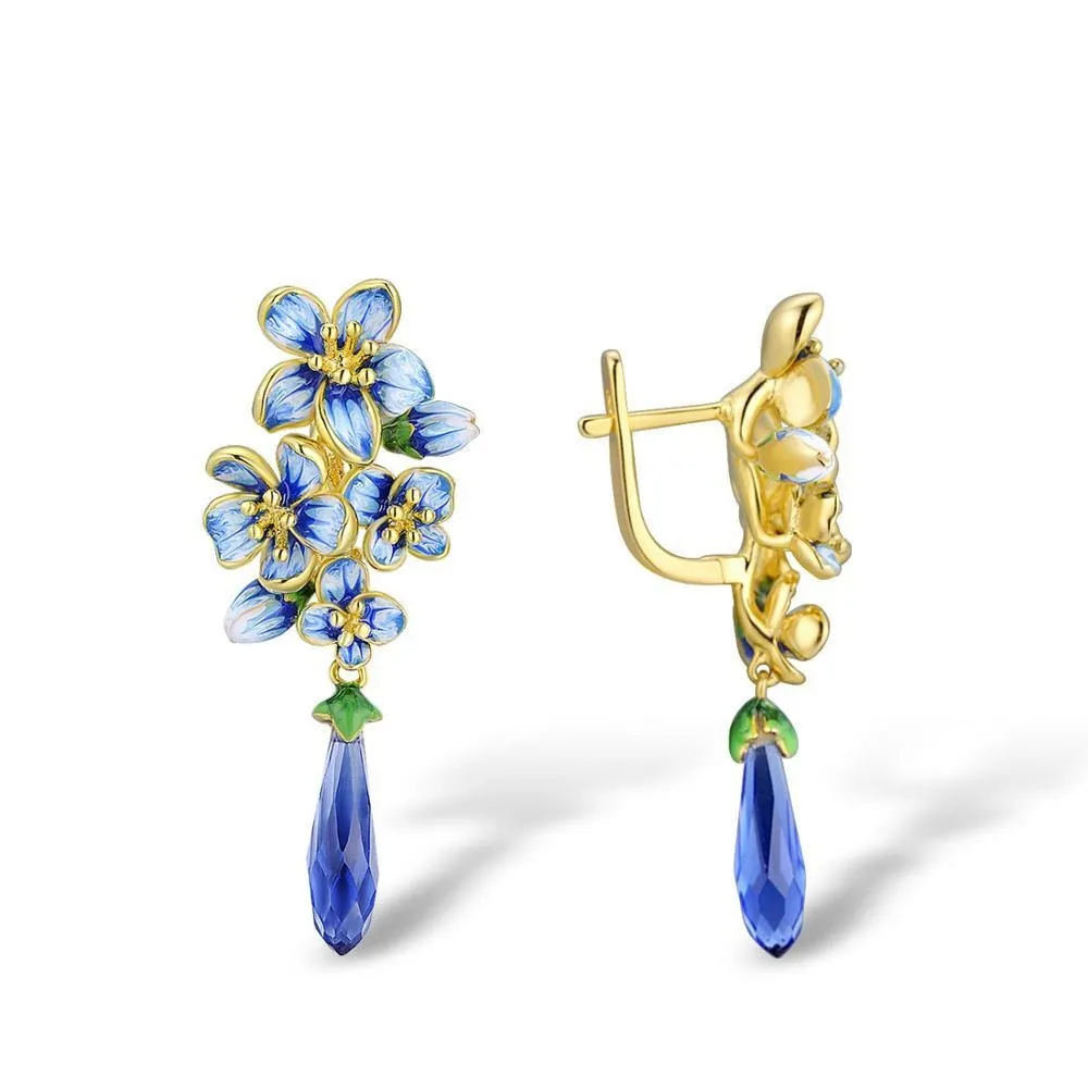 Handmade Enamel Flower and Cubic Zirconia 925 Sterling Silver Drop Earrings