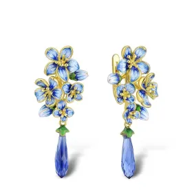 Handmade Enamel Flower and Cubic Zirconia 925 Sterling Silver Drop Earrings