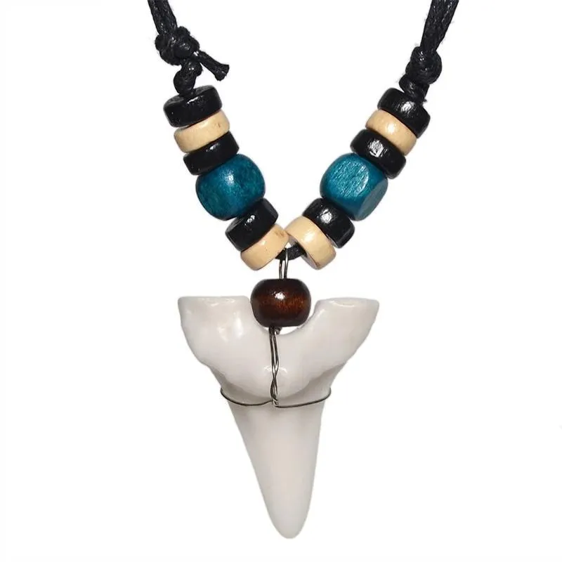 Handmade Maori Tribal Bone Choker Ceramic Shark Tooth Pendant Necklace