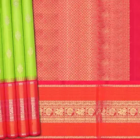 Handwoven Green with Pink and Orange Kanjivarm Silk Saree - 1475T004066DSC