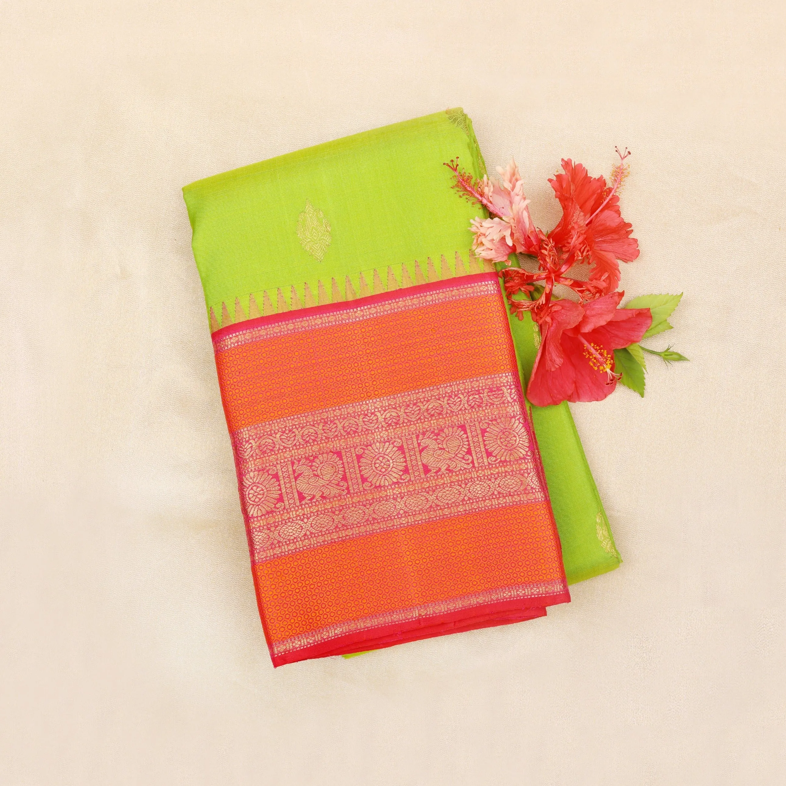 Handwoven Green with Pink and Orange Kanjivarm Silk Saree - 1475T004066DSC