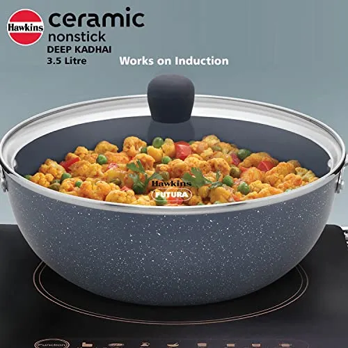 Hawkins Ceramic Nonstick 3.5 Litre Deep Kadhai, Induction Deep Fry Pan with Glass Lid, Granite Kadai (ICK35G)