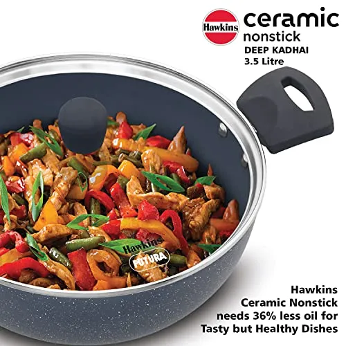 Hawkins Ceramic Nonstick 3.5 Litre Deep Kadhai, Induction Deep Fry Pan with Glass Lid, Granite Kadai (ICK35G)