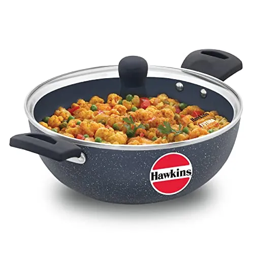 Hawkins Ceramic Nonstick 3.5 Litre Deep Kadhai, Induction Deep Fry Pan with Glass Lid, Granite Kadai (ICK35G)