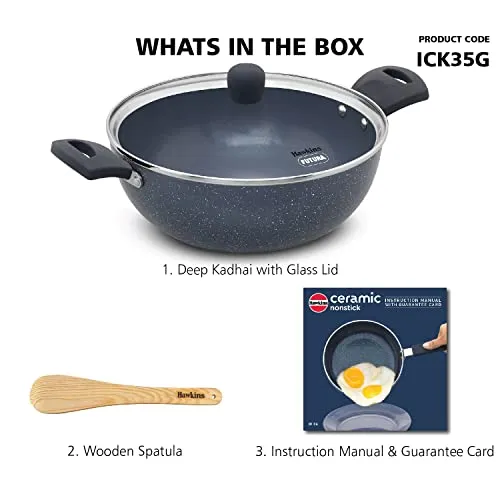 Hawkins Ceramic Nonstick 3.5 Litre Deep Kadhai, Induction Deep Fry Pan with Glass Lid, Granite Kadai (ICK35G)