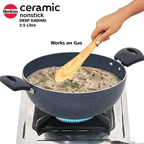 Hawkins Ceramic Nonstick 3.5 Litre Deep Kadhai, Induction Deep Fry Pan with Glass Lid, Granite Kadai (ICK35G)