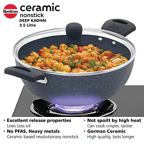 Hawkins Ceramic Nonstick 3.5 Litre Deep Kadhai, Induction Deep Fry Pan with Glass Lid, Granite Kadai (ICK35G)