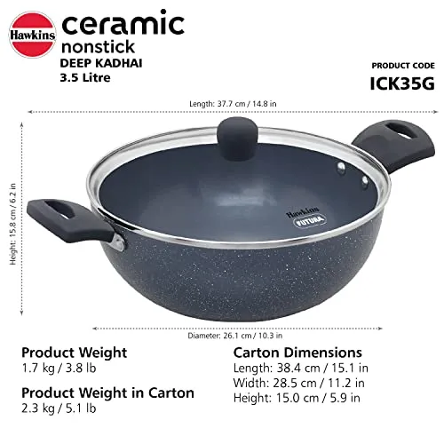 Hawkins Ceramic Nonstick 3.5 Litre Deep Kadhai, Induction Deep Fry Pan with Glass Lid, Granite Kadai (ICK35G)