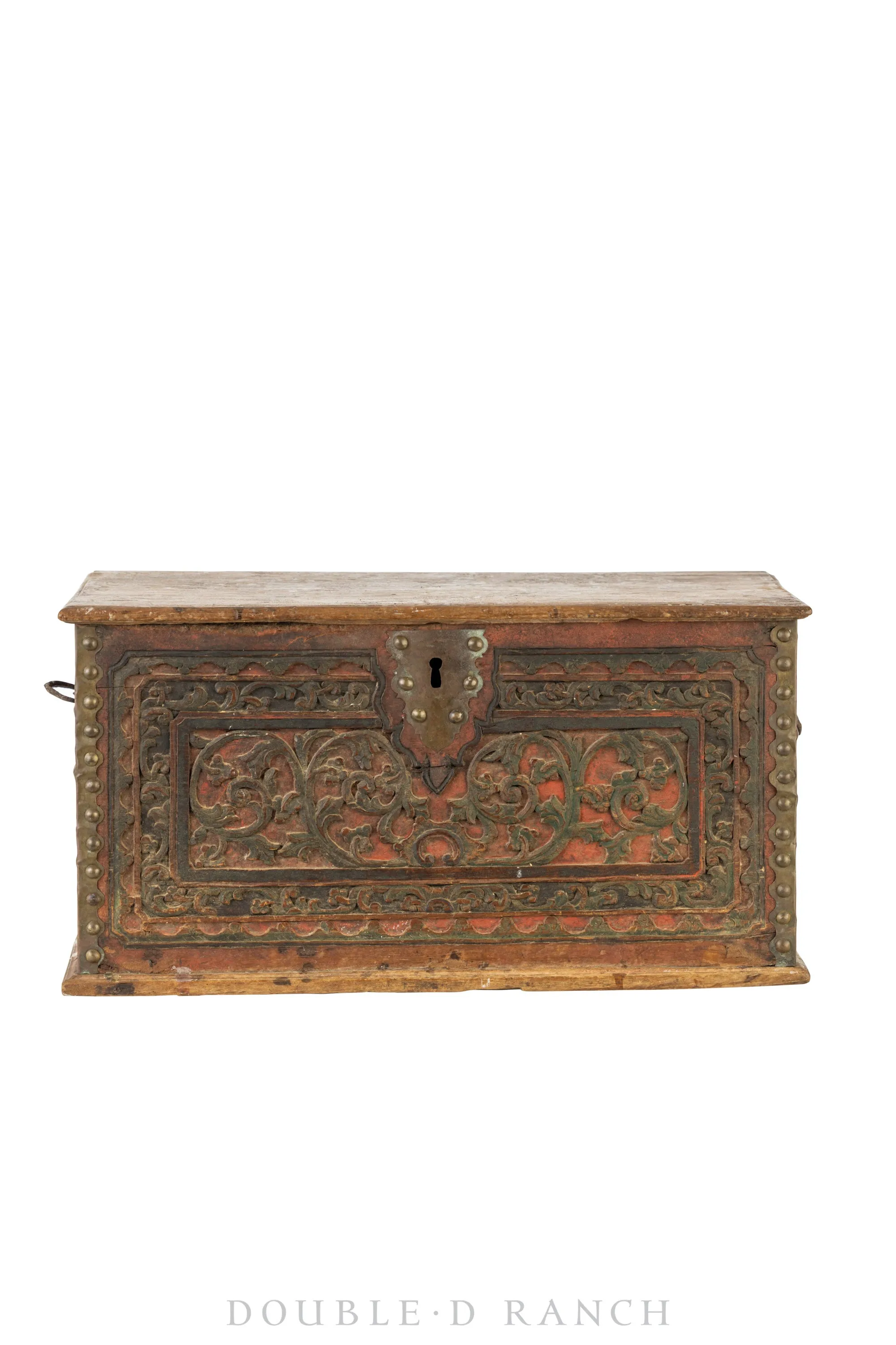 Home, Furniture, Trunk, Carved, Polychrome with Nail Details, Dovetail Joinery, Vintage, 218