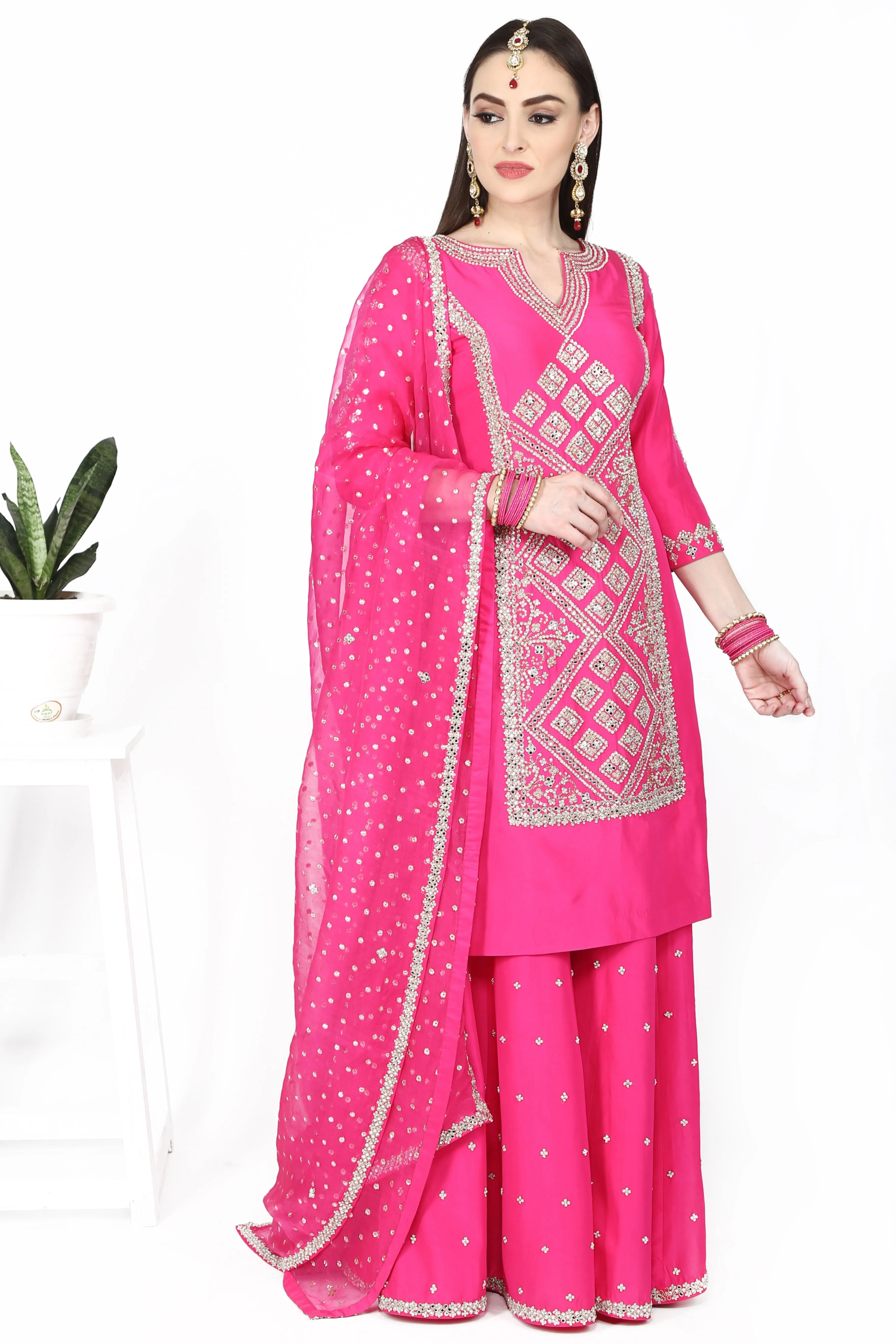 Hot Pink Embroidered Sharara Set.