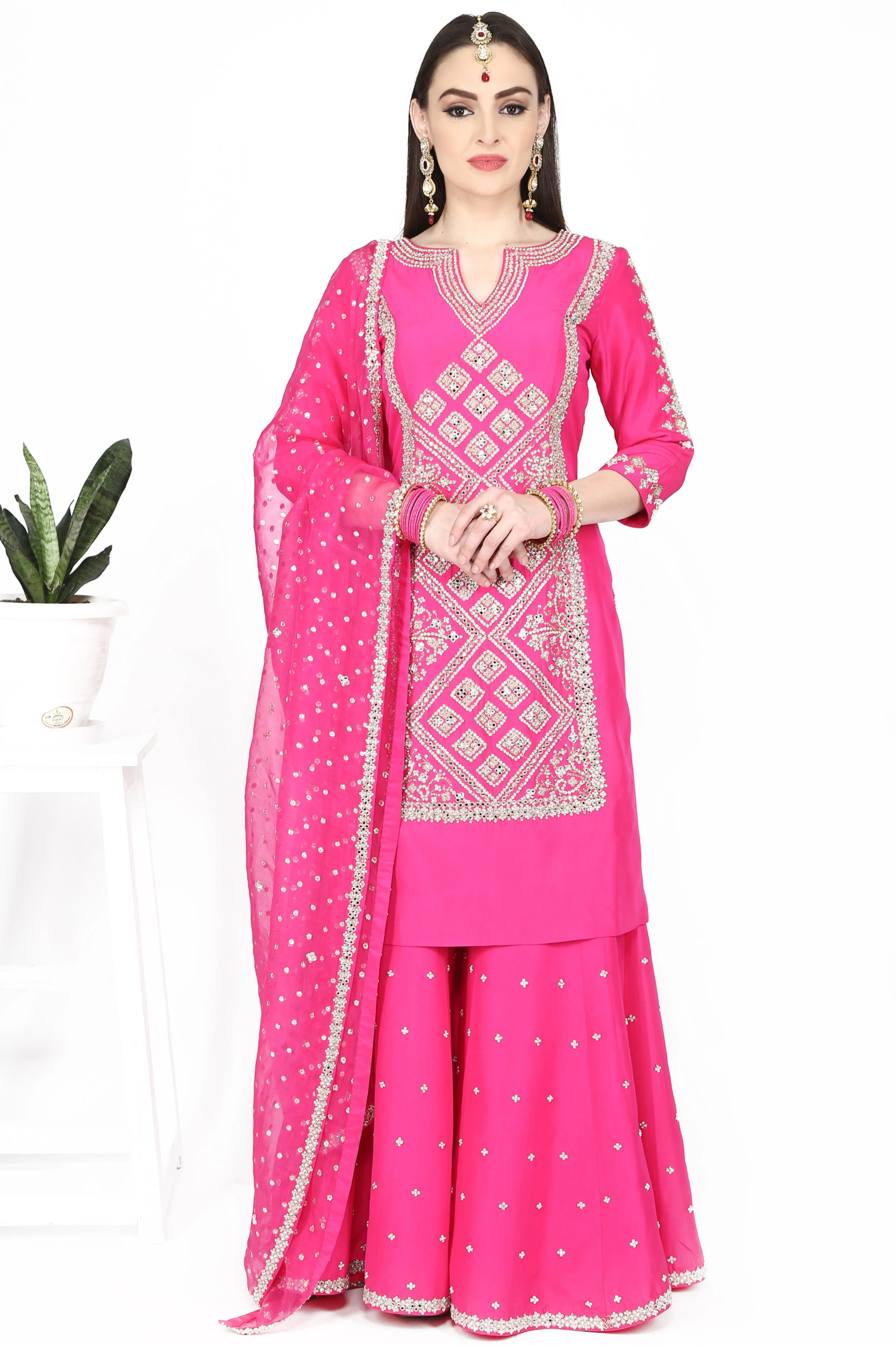 Hot Pink Embroidered Sharara Set.