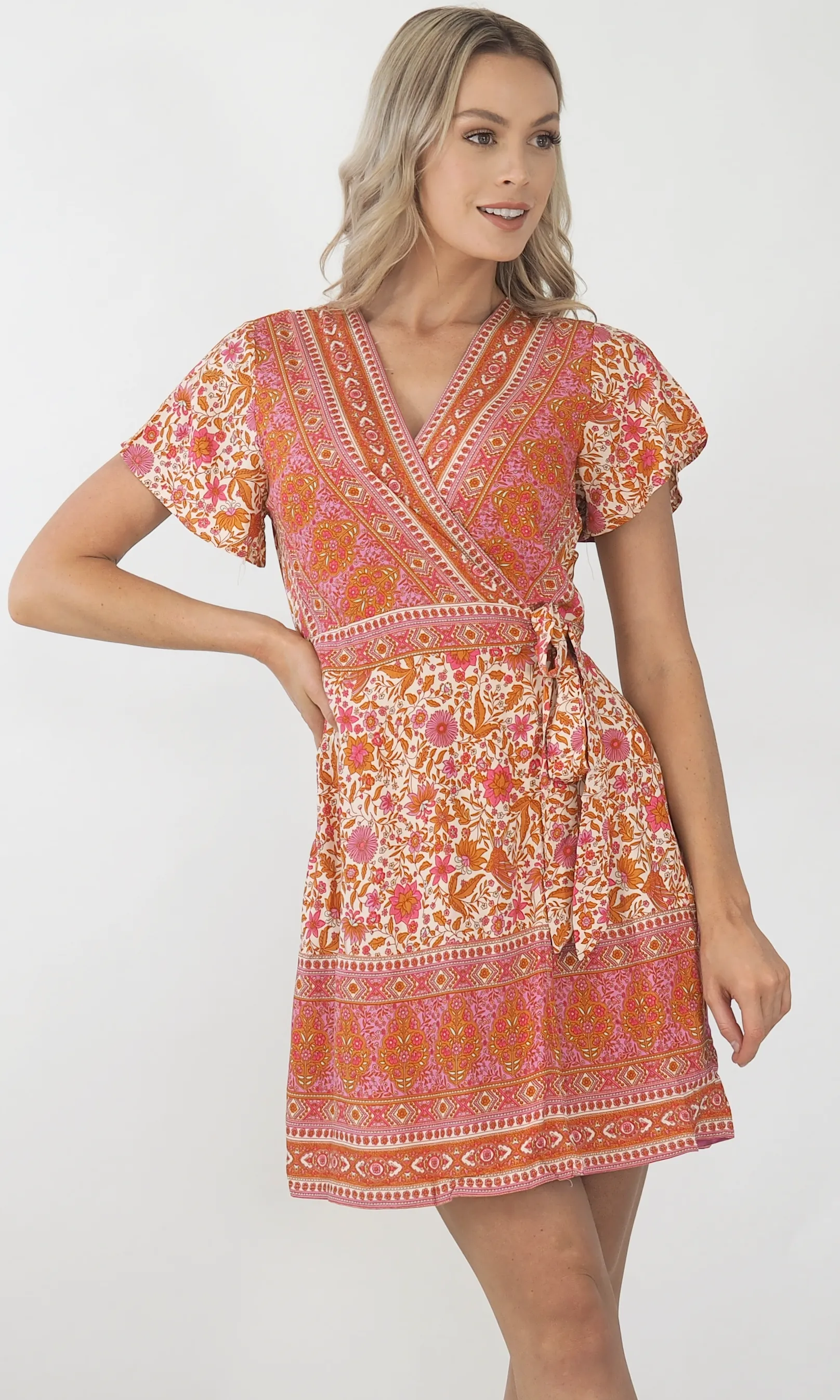 Isabella Paisley Wrap Dress-Pink/Bronze