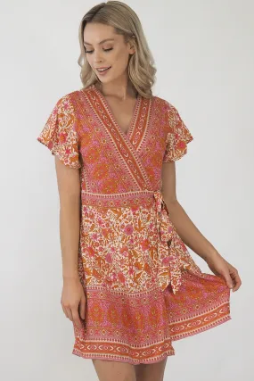 Isabella Paisley Wrap Dress-Pink/Bronze