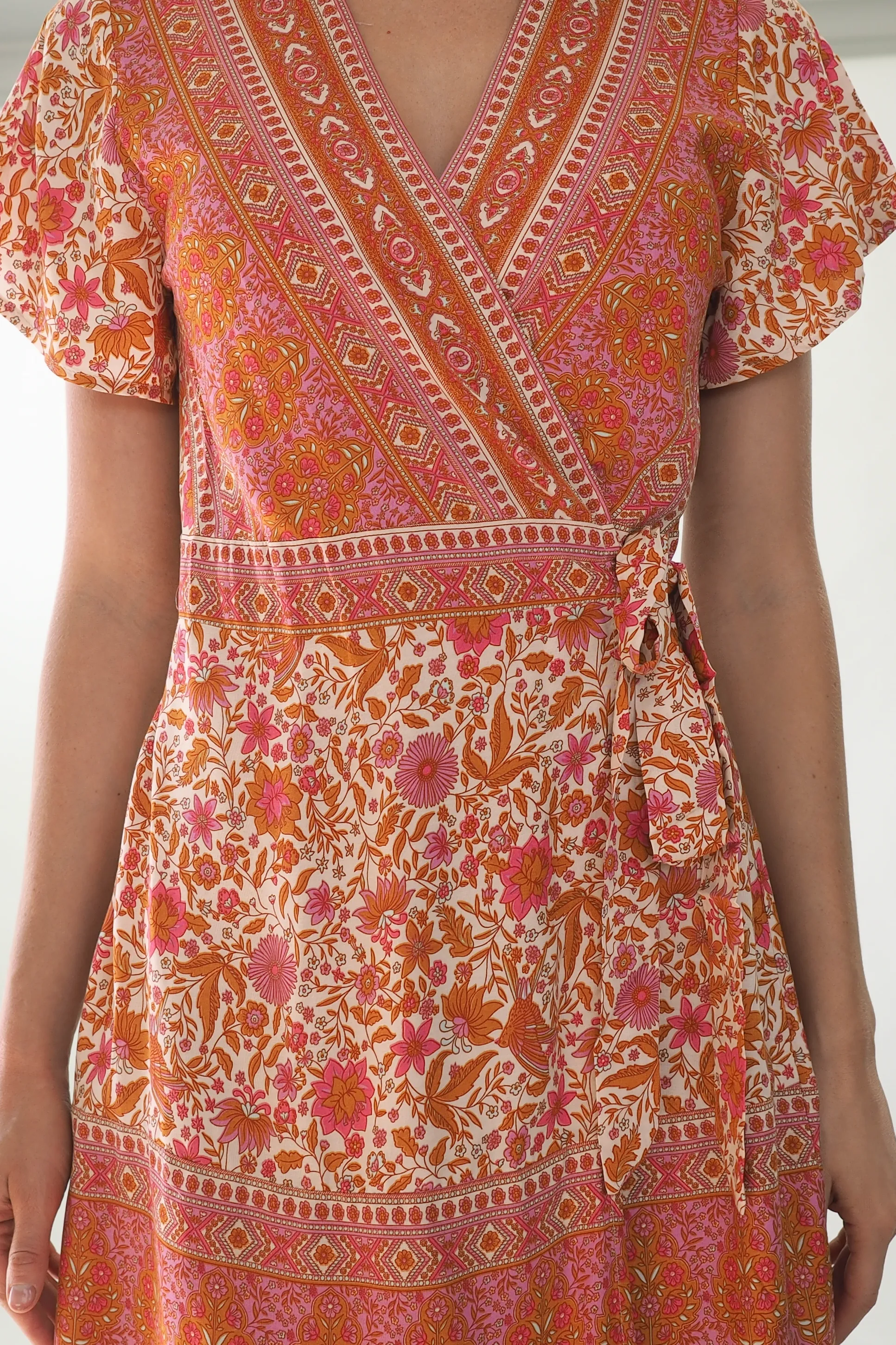 Isabella Paisley Wrap Dress-Pink/Bronze