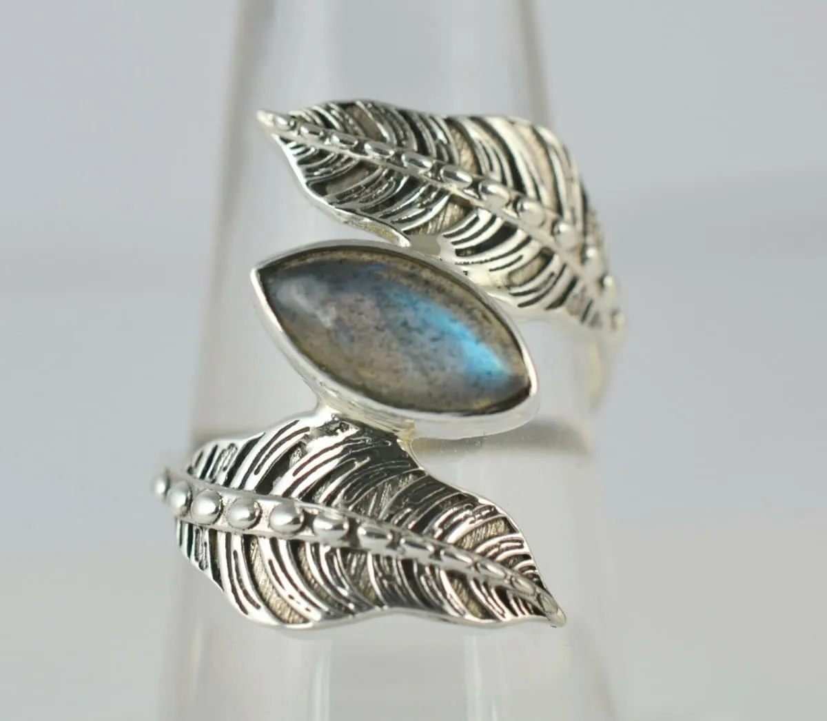 Labradorite Silver Dual Leaf Ring, Blue Fire Labradorite Silver Ring, 925 Sterling Silver, Silver Leaf Ring, Handmade Jewelry