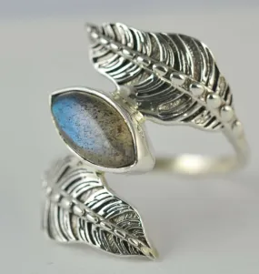 Labradorite Silver Dual Leaf Ring, Blue Fire Labradorite Silver Ring, 925 Sterling Silver, Silver Leaf Ring, Handmade Jewelry