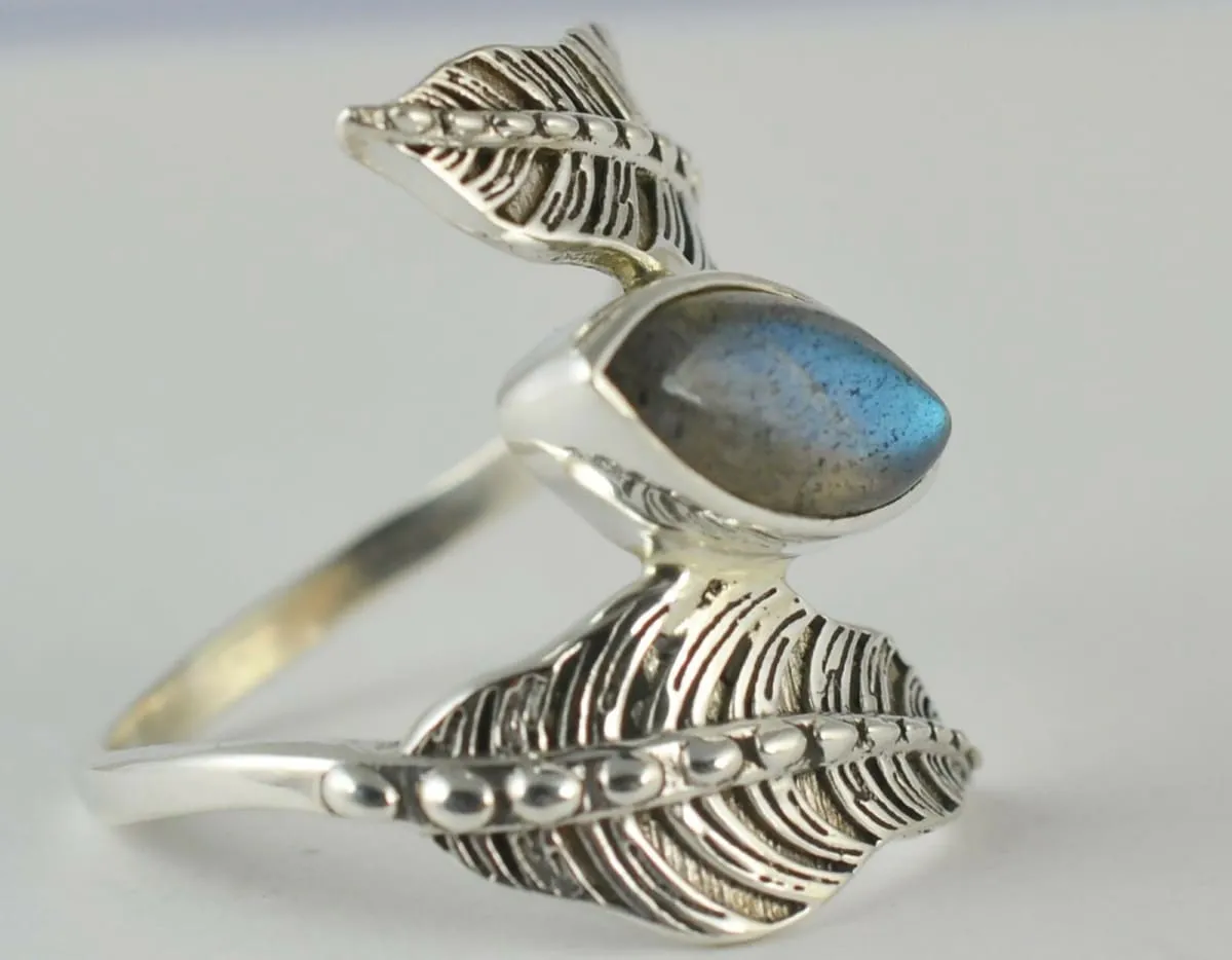 Labradorite Silver Dual Leaf Ring, Blue Fire Labradorite Silver Ring, 925 Sterling Silver, Silver Leaf Ring, Handmade Jewelry