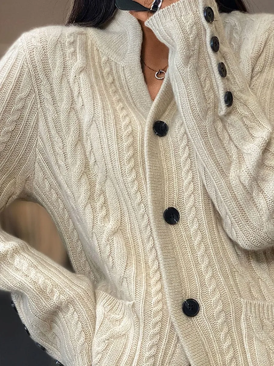 Ladies' Elegant V Neck Cable Knit Cardigan Sweater with Buttons and Pockets