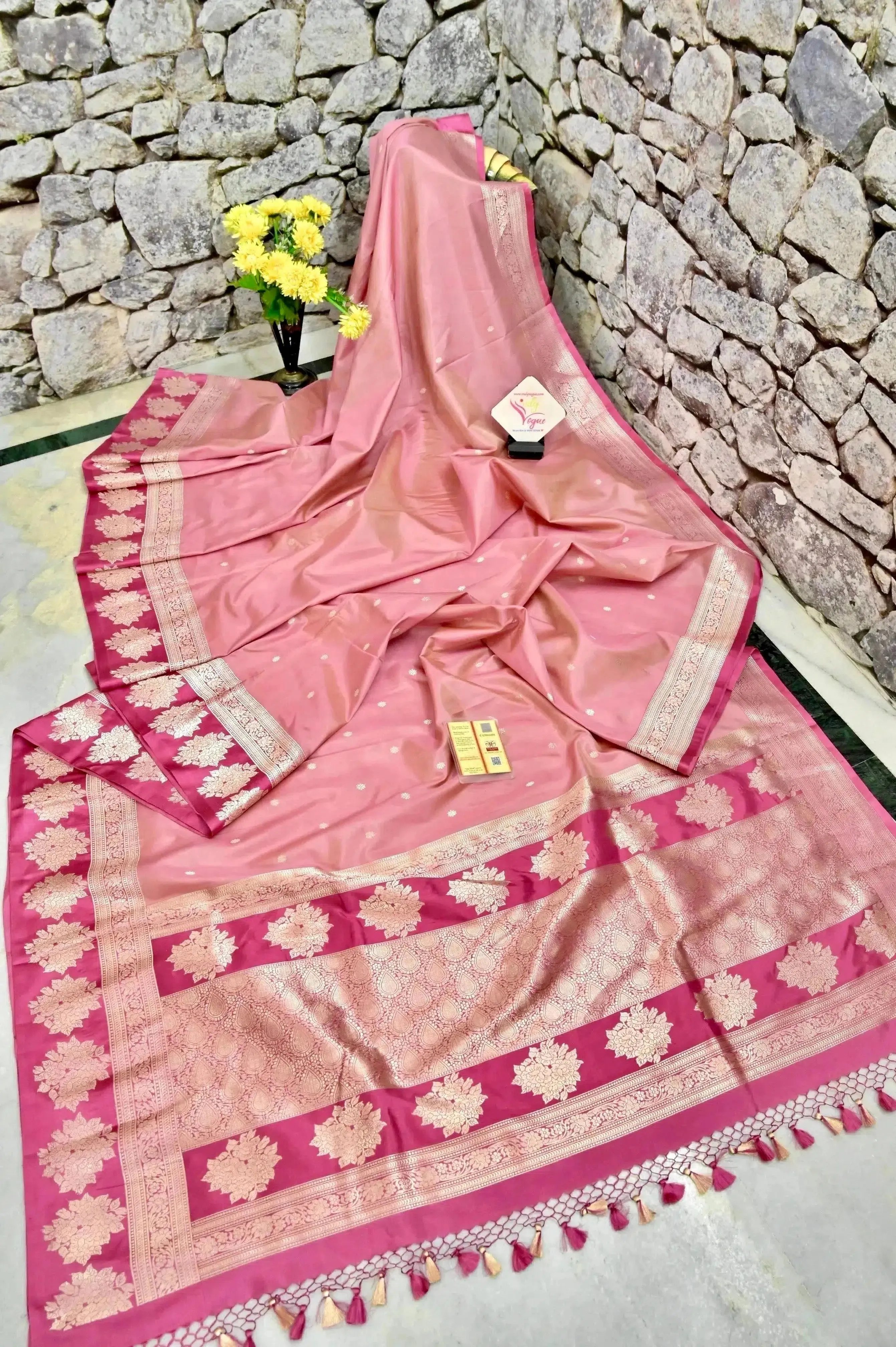 Light Pink and Deep Pink Color Pure Katan Banarasi Saree with Multicolored Zari Work