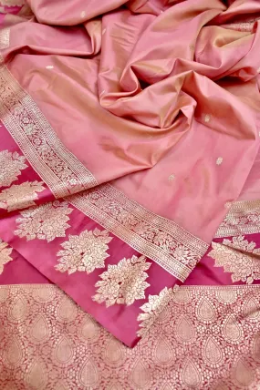 Light Pink and Deep Pink Color Pure Katan Banarasi Saree with Multicolored Zari Work