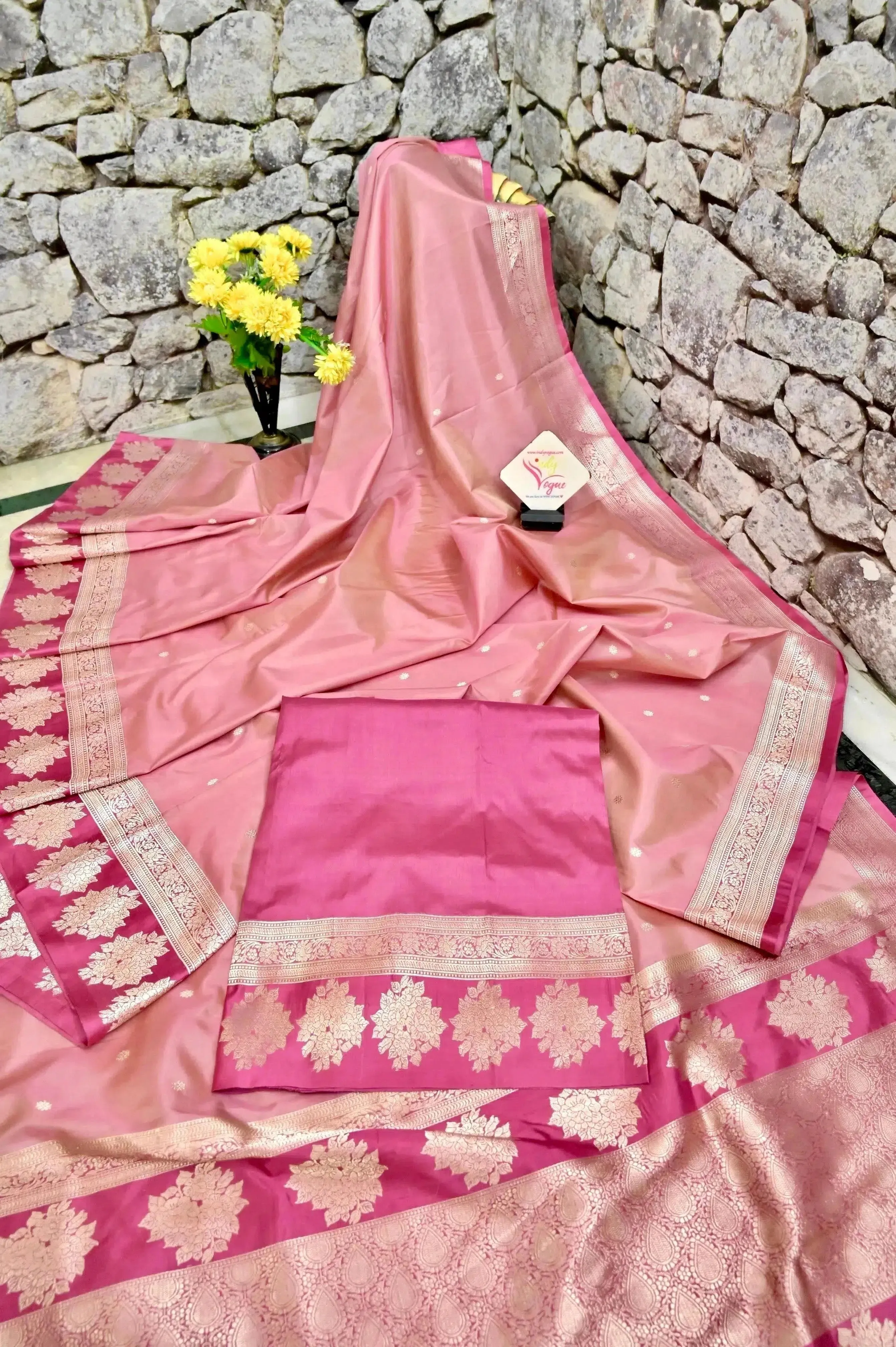 Light Pink and Deep Pink Color Pure Katan Banarasi Saree with Multicolored Zari Work