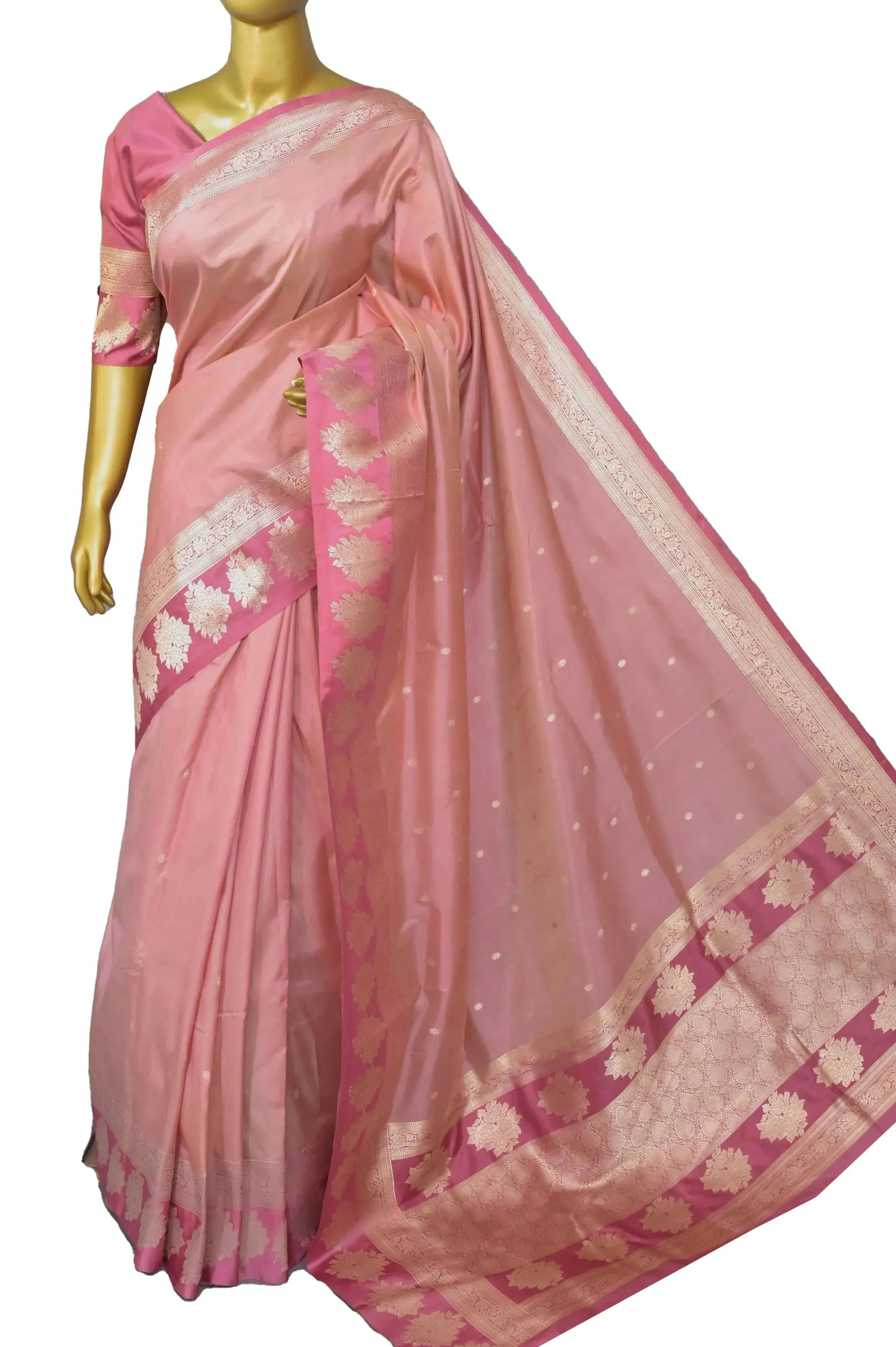 Light Pink and Deep Pink Color Pure Katan Banarasi Saree with Multicolored Zari Work