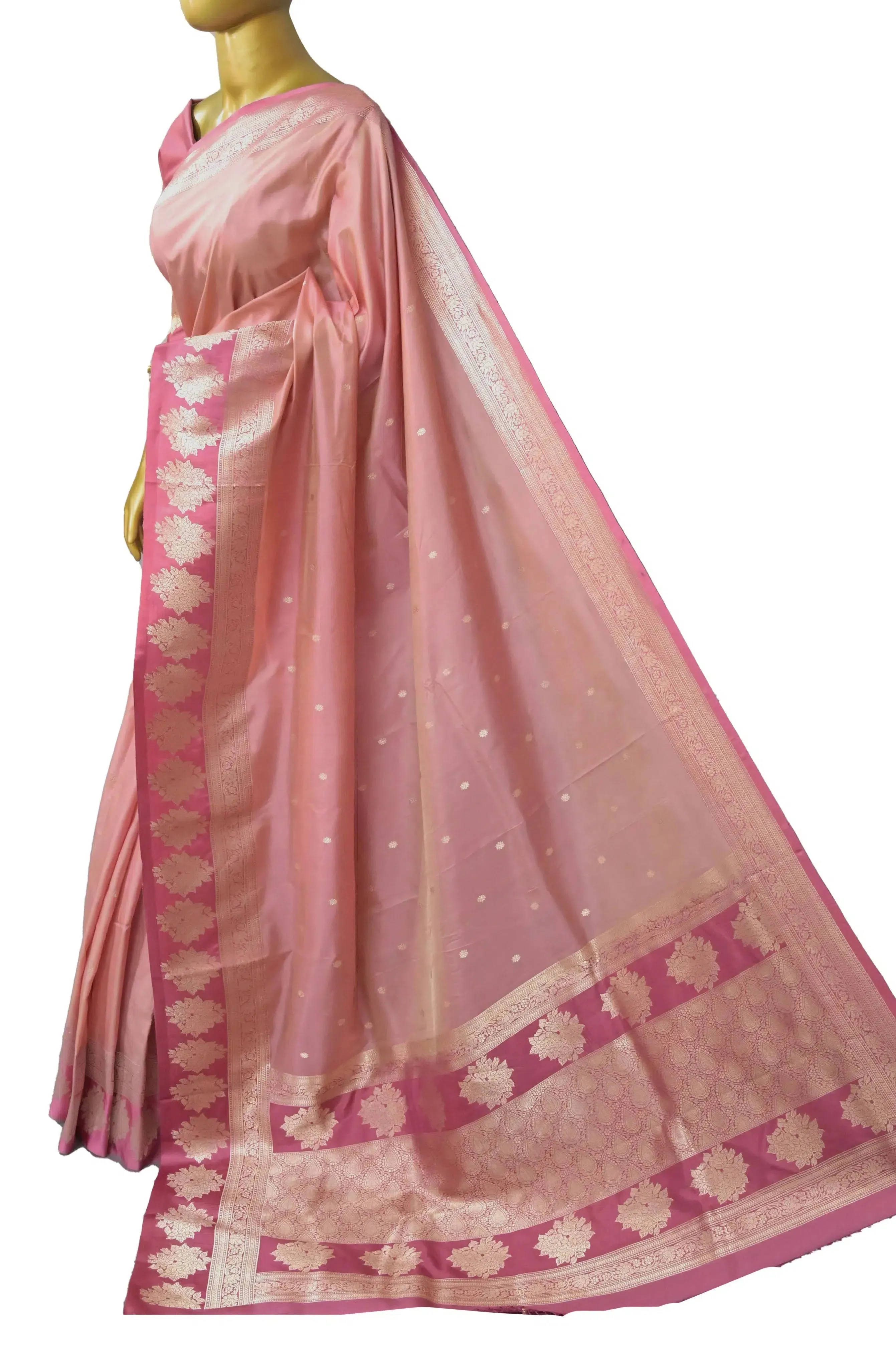 Light Pink and Deep Pink Color Pure Katan Banarasi Saree with Multicolored Zari Work