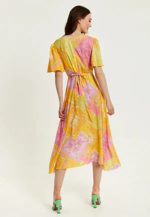 Liquorish Paisley Print Midi Wrap Dress In Yellow And Pink