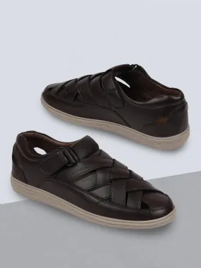 Men Brown Criss Cross Strap Shoe Style Sandals