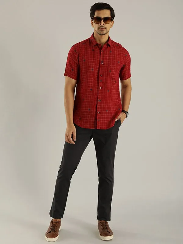 Men Checked Half Sleeve Linen Shirt