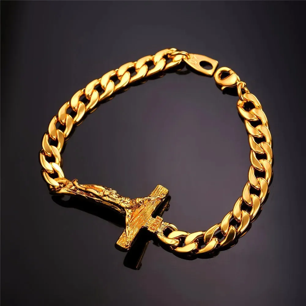 Men Cuban Link Chain Crucifix Jesus Cross Bracelet