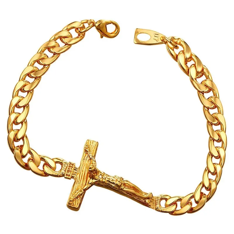 Men Cuban Link Chain Crucifix Jesus Cross Bracelet