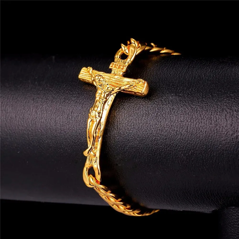 Men Cuban Link Chain Crucifix Jesus Cross Bracelet