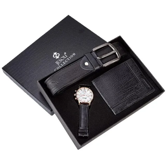 Men Fashion Luxury Business Quartz Watch, High-Quality Belt, and Folding Wallet Gift Set