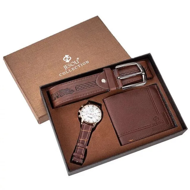 Men Fashion Luxury Business Quartz Watch, High-Quality Belt, and Folding Wallet Gift Set