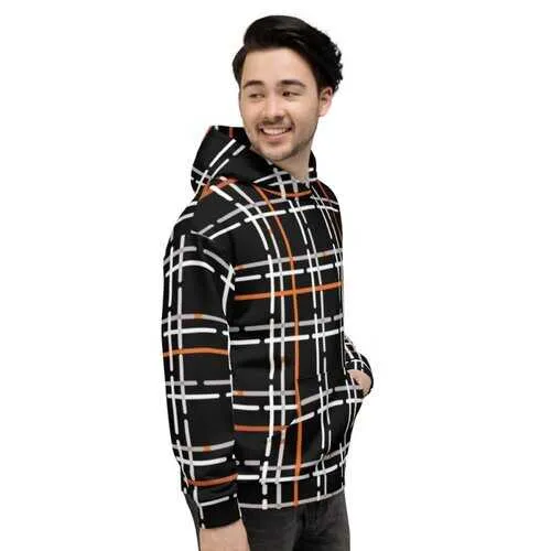 Mens Hoodies, Black and Orange Tartan Style Hooded Shirt