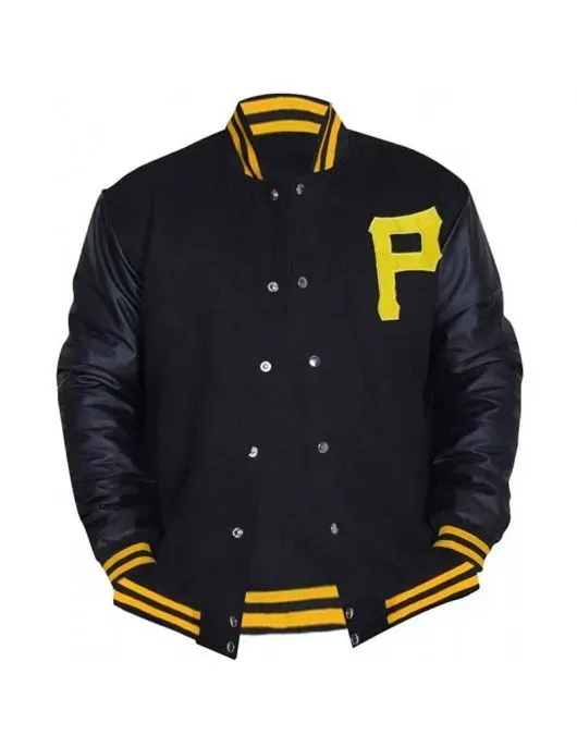 Mens Majestic Pittsburgh Pirates Letterman Bomber Black Jacket