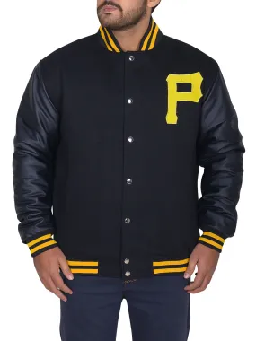 Mens Majestic Pittsburgh Pirates Letterman Bomber Black Jacket