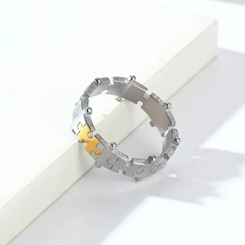 Men's Stainless Steel Ring Band Silver Tone Jigsaw Puzzle