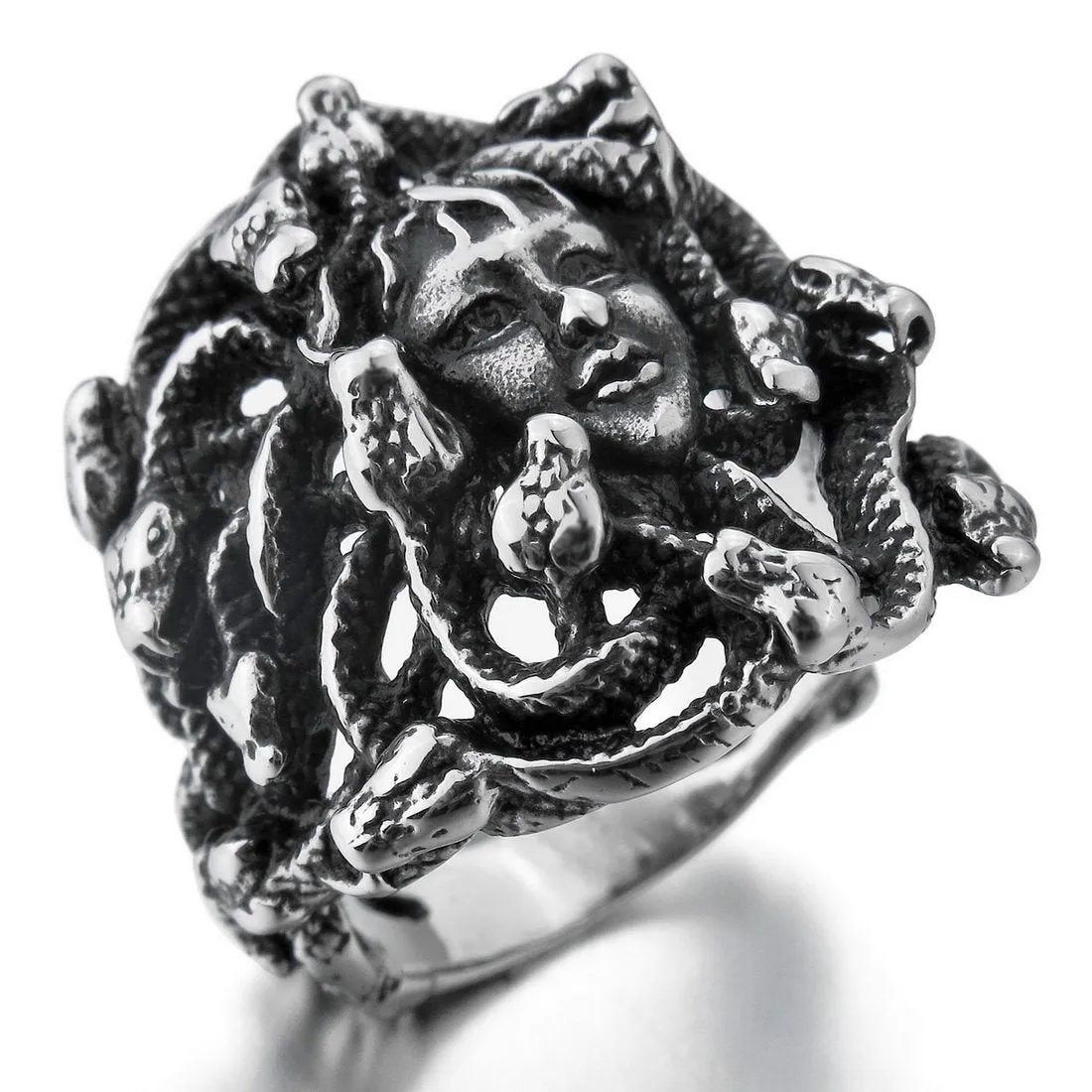 Men's Stainless Steel Ring Silver Tone Black Greek Mythology Medusa Snake