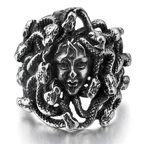 Men's Stainless Steel Ring Silver Tone Black Greek Mythology Medusa Snake