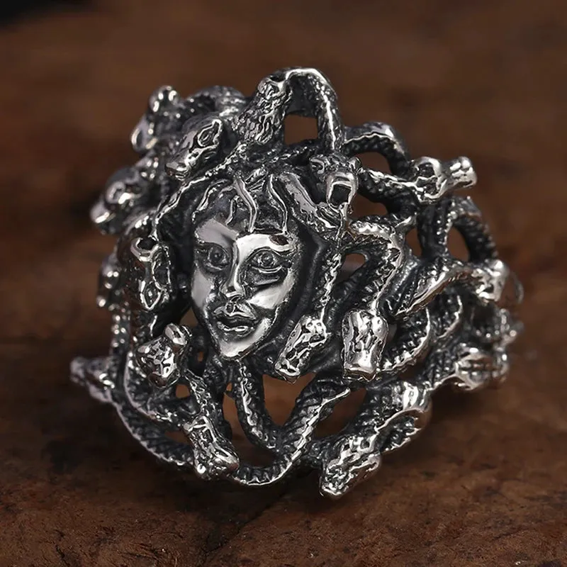 Men's Stainless Steel Ring Silver Tone Black Greek Mythology Medusa Snake