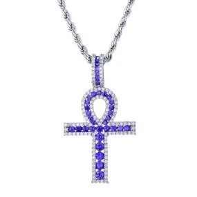 Metallic Cubic Zirconia Lined Ankh Pendant with Purple Crystal Inlay Necklace