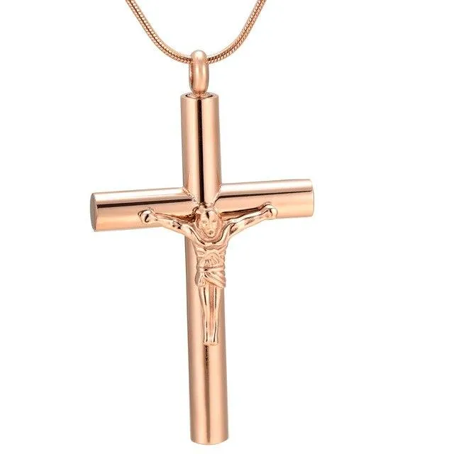 Metallic Jesus Christ Crucifixion Memorial Mini-Urn Pendant Necklace