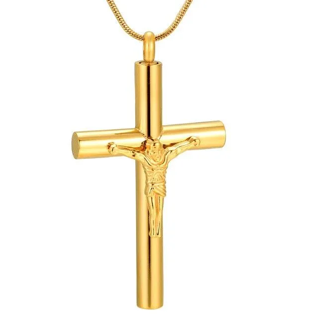 Metallic Jesus Christ Crucifixion Memorial Mini-Urn Pendant Necklace