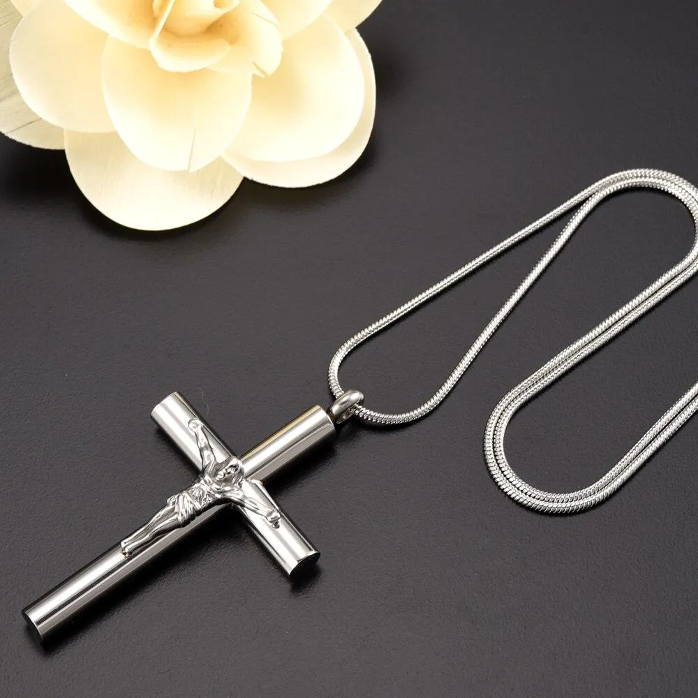 Metallic Jesus Christ Crucifixion Memorial Mini-Urn Pendant Necklace