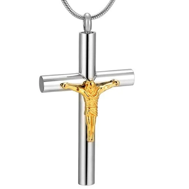 Metallic Jesus Christ Crucifixion Memorial Mini-Urn Pendant Necklace